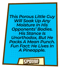 This porous little guy will soak up any moisture in his opponents’ bodies. His stance is unorthodox, but he packs a mean punch.